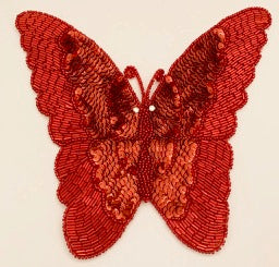 Butterfly Red Sequin Beaded with Rhinestone Eyes 6.5" x 8"