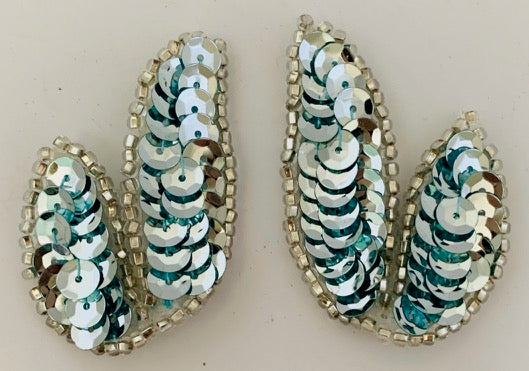 Leaf Pair with Ice Blue Sequins and Silver Beads 2” x 1.25"