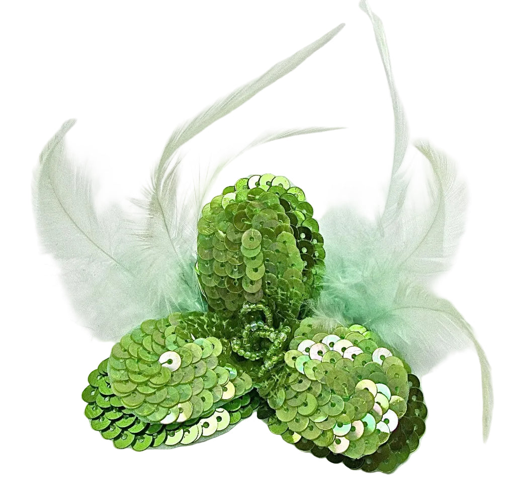 Flower Triple Layer Lime Green Sequins and Beads with Feathers 3”x3”x2”