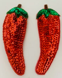 Chili Pepper Singles and Pairs with Red and Green Sequins and Beads 6.5" x 2"