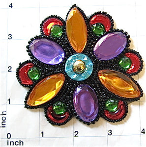 Designer Motif Jewel with Multi-Colored Stones Black Trim 4"