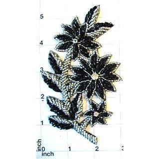 Flower with Black and Silver Beads and Rhinestones 5.5" x 3"