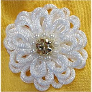 Flower White Silk Flower Appliqué with Rhinestone and Pearl center. 2" x 2"