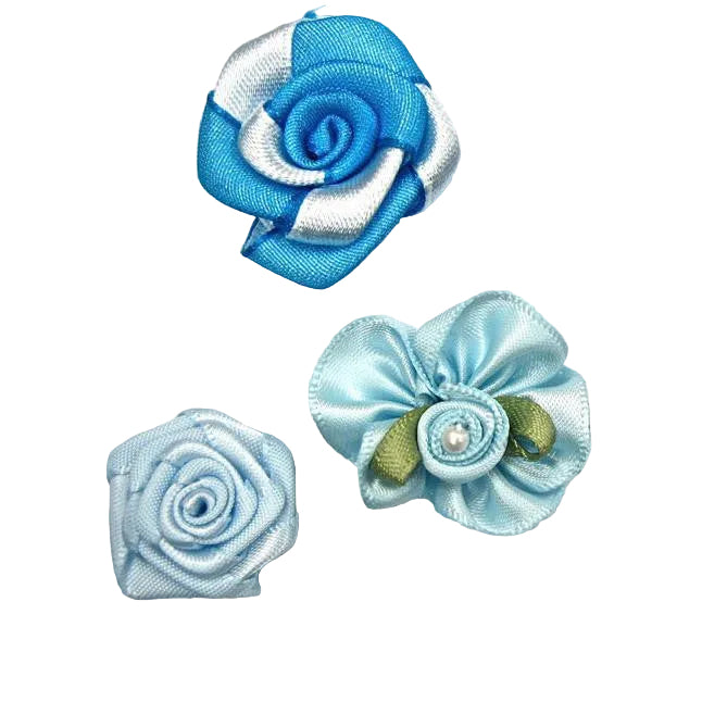 Set de tres flores de satén azul de 2.5 cm