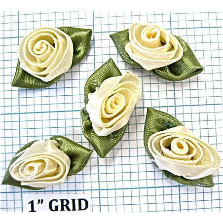 Set of Five Beige Silk Flowers with Green Leaves 1"