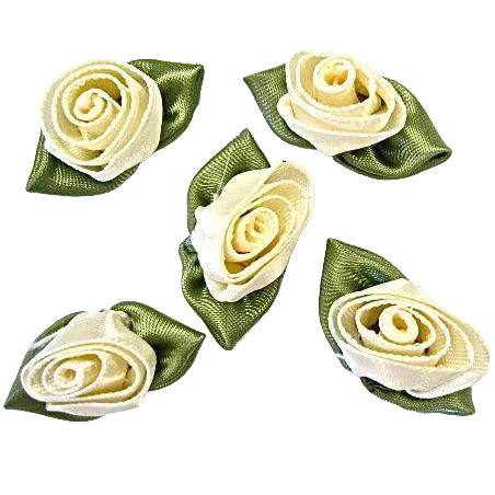 Set of Five Beige Silk Flowers with Green Leaves 1"