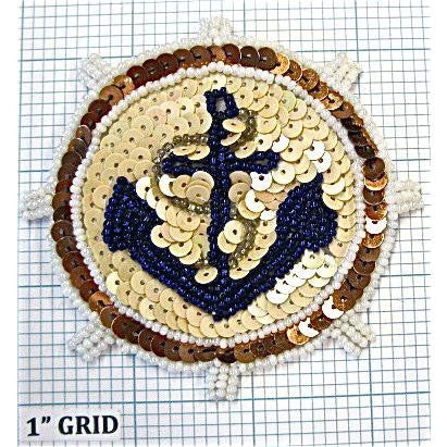 Ship Wheel with Tan, Blue, Bronze Sequins and Beads 3.5" X 3.5"