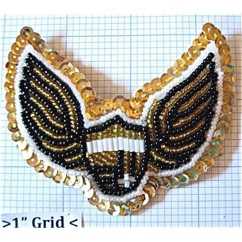 Wing Badge Appliqué Gold, Black and White Sequins and Beads 3" X 3.5"
