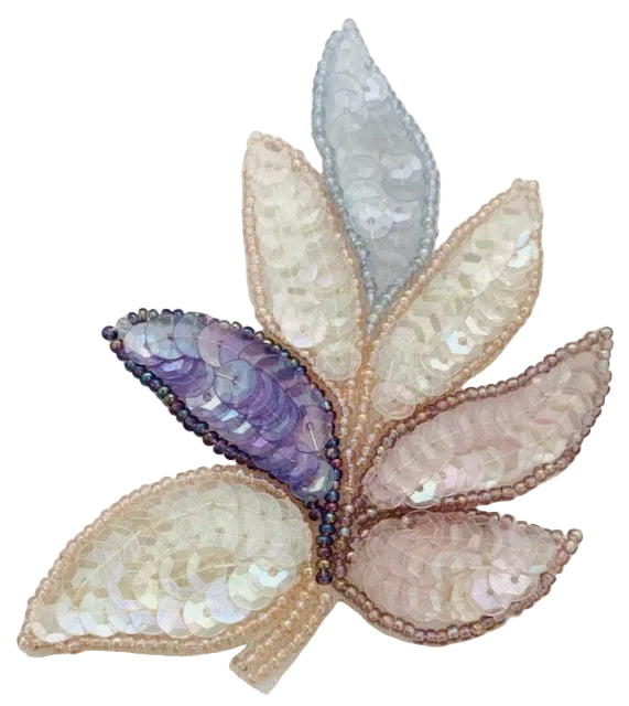 Leaf with purple pink cream blue iridescent sequins and matching beaded trim 4" x 3"