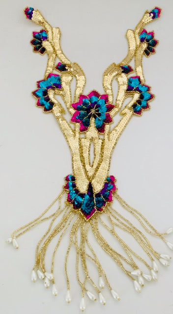 Motivo de Diseñador de Cuerpo Completo con Lentejuelas Doradas Fucsia, Turquesa y Moradas 10" x 17"