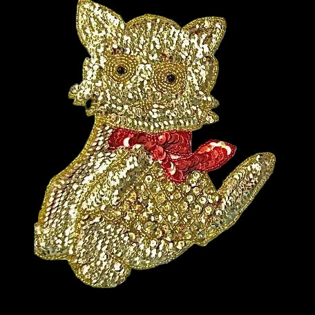 Gold Cat with Red Bow 7.5" x 6"