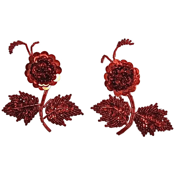 Par de flores con lentejuelas rojas y cuentas de 4.5 x 3.5 pulgadas