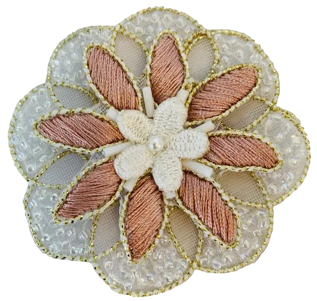 Flower - Embroidered Pink/Gold/White - Clear/Gold Beads 2.25”