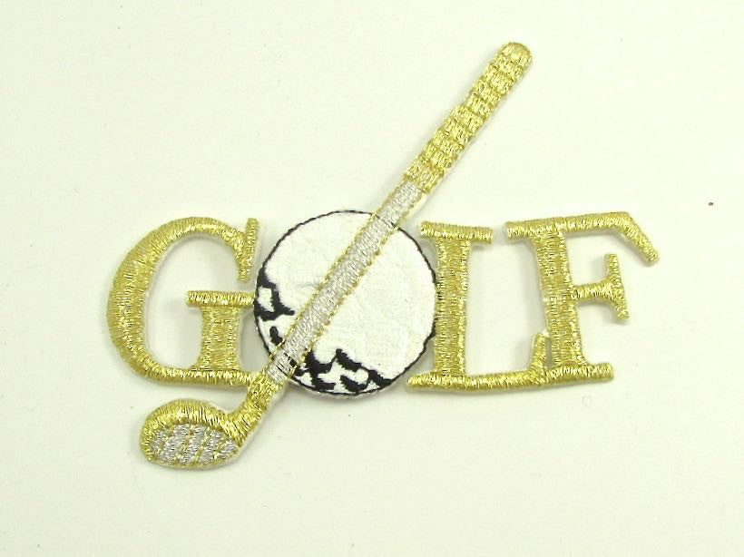 Soed "Golf" con palo y pelota, bordado metálico termoadhesivo blanco, negro y dorado de 3.25" x 3"