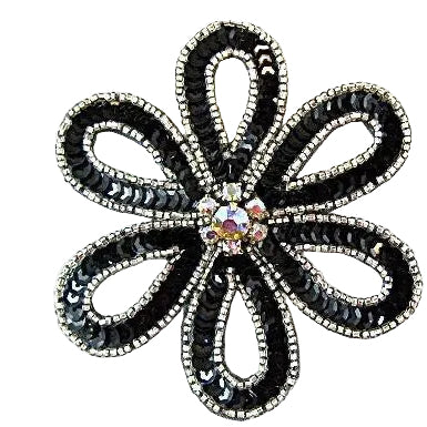 Flor con lentejuelas negras y pedrería AB, cuentas plateadas de 10 x 9 cm