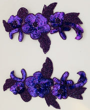 Load image into Gallery viewer, Flower Pair with Purple Sequins and Mauve Beaded Leaf 7.5&quot; x 4.5&quot;