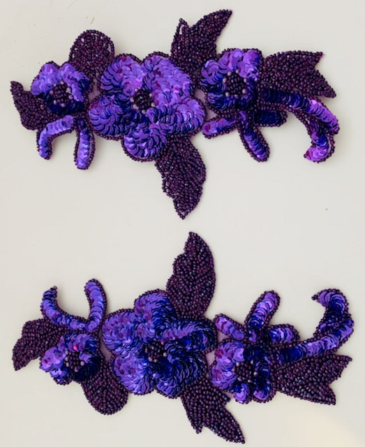 Flower Pair with Purple Sequins and Mauve Beaded Leaf 7.5