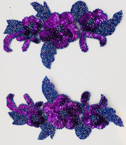 Flower Pair with Purple Sequins and Mauve Beaded Leaf 7.5" x 4.5"