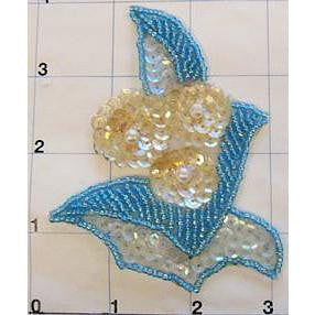 Flowers Sequin With Pearl, Blue and Beige, 4" x 3"