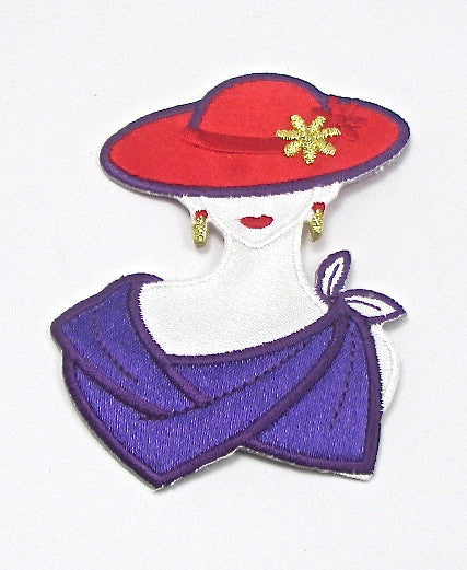 Red Hat Lady with Purple Scarf Embroidered 3" x 2.25"