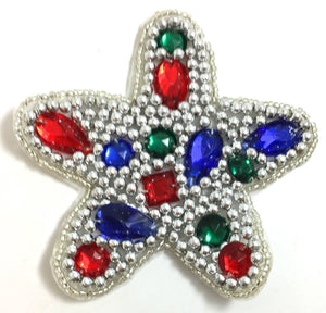Star Shape with Beautiful Mixed Colored Jewels and Silver Beads 3.75"
