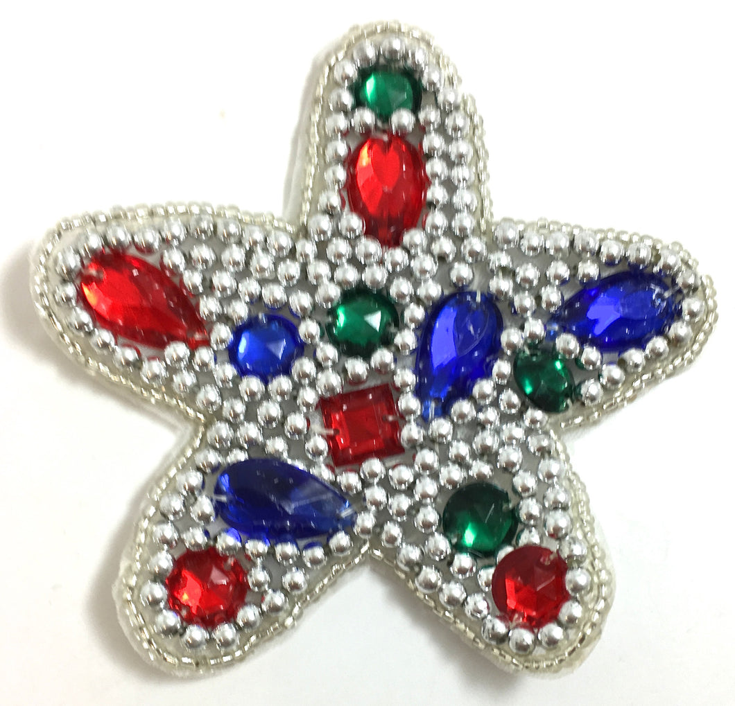 Star Shape with Beautiful Mixed Colored Jewels and Silver Beads 3.75