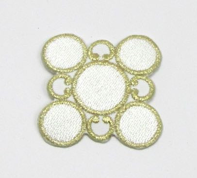 Designer Motif, White Circles with Metallic Gold, Embroidered Iron-On 2" x 2"
