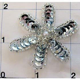 Very light blue sequin flower, white beading and pearl