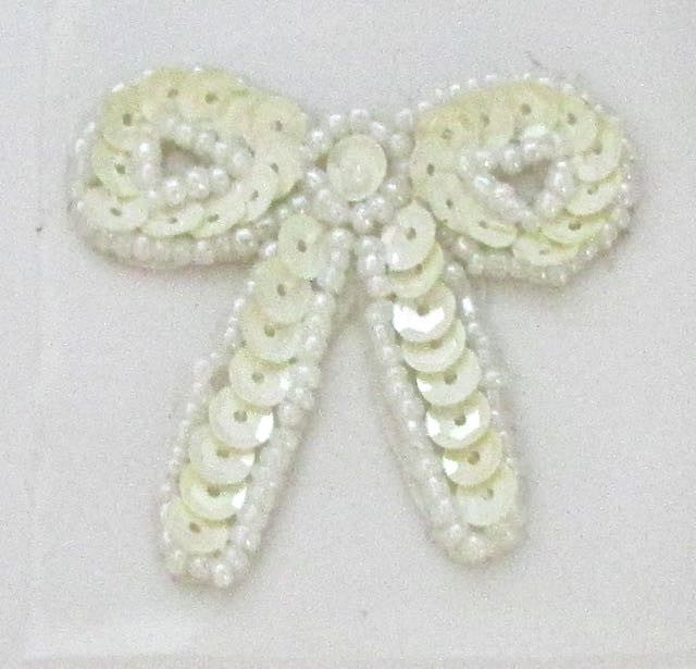 Bow - China White Sequins - White Glass Beads 1.75" x 1.5" Pre-glued