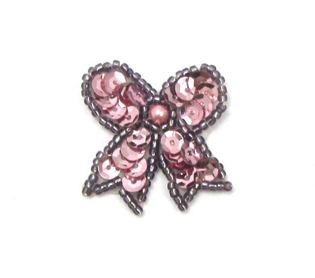 Bow with Dark Pink Sequins, Beads and Pearl 1.25" x 1.25"