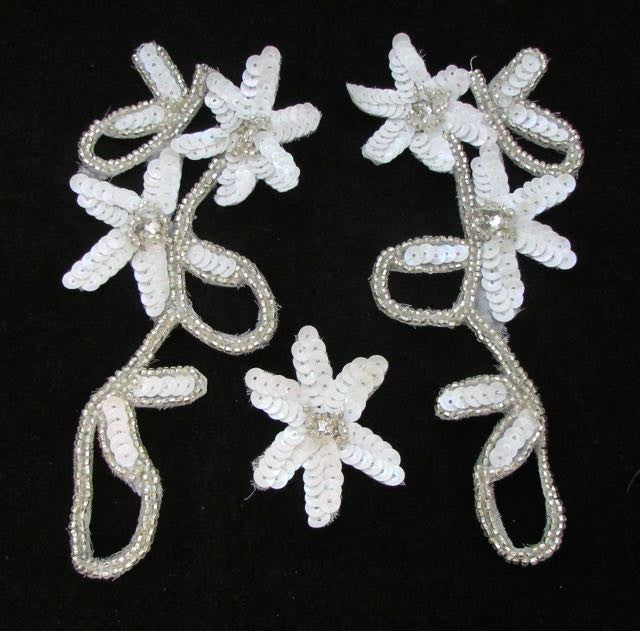 Conjunto de diseño floral, lentejuelas blancas con cuentas plateadas de 6"
