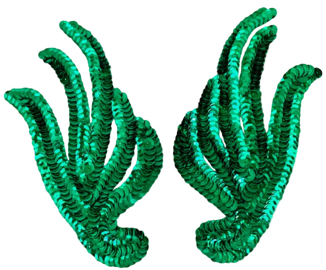 Pair of green sequin hand-shaped leaf pair patches on a white background