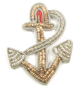 Anchor with Silver and Gold and Red Bullion Thread 2"x1.5" - Sequinappliques.com