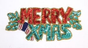 Merry Xmas Word Red and Green Sequin Beaded 8" x 4"