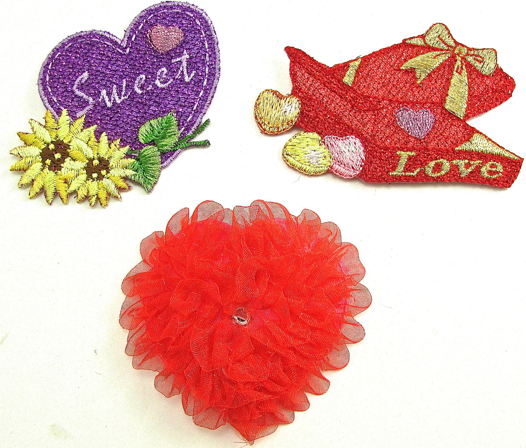 Valentines Day Three Embroidered Appliques Iron-On