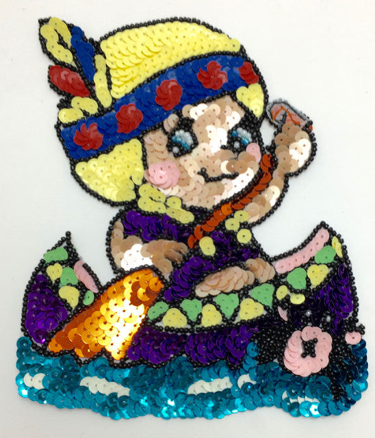 Cartoon Native American Girl in Canoe, Sequin Beaded 6" x 5"