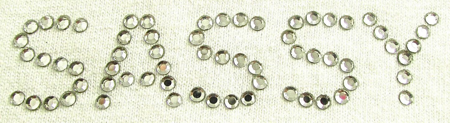 Heat Transfer Iron-On Word "Sassy" Clear Crystals 1" x 3"