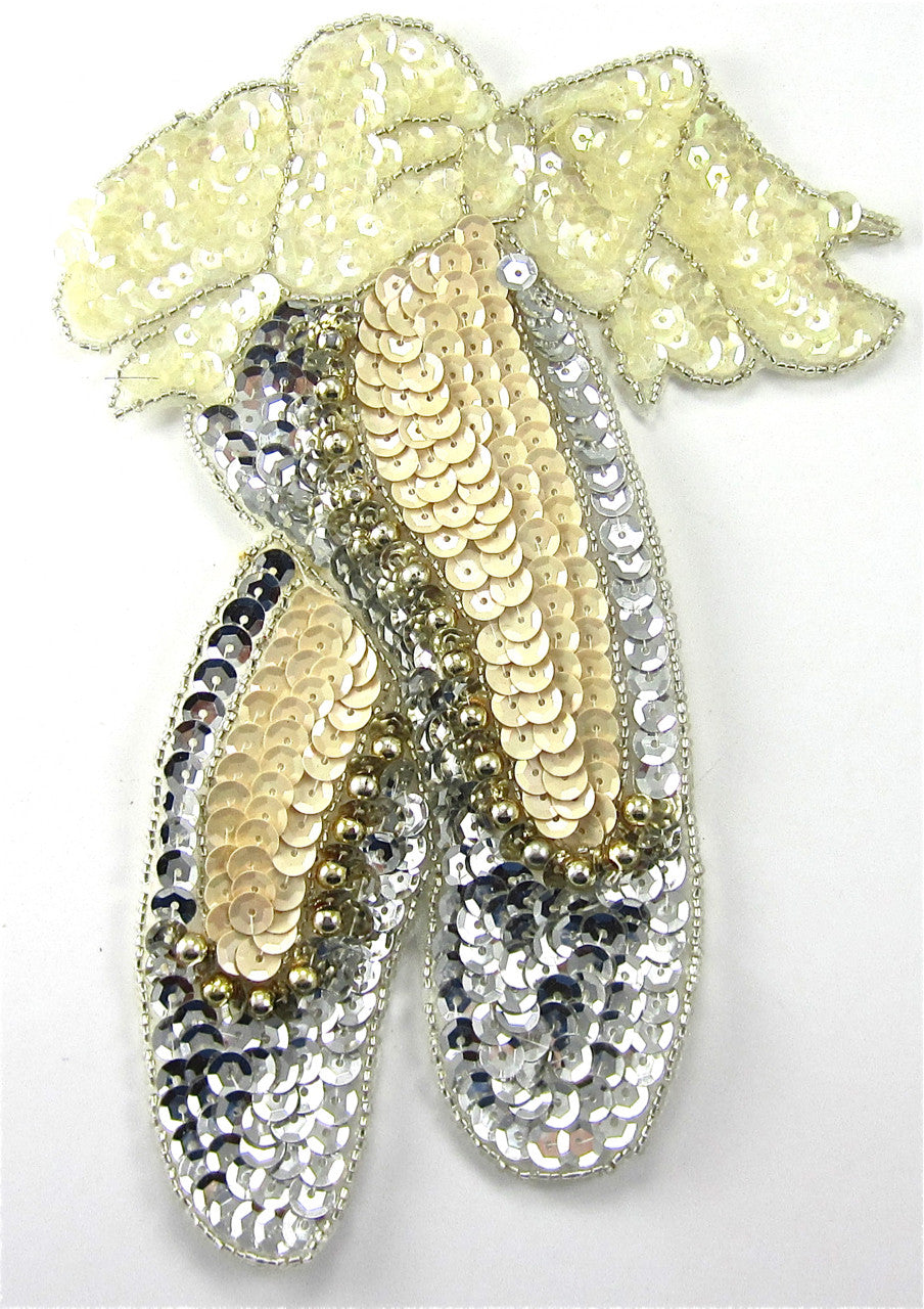 Ballet Slippers with Silver and Beige Sequins with Bow 7.5"x 6" - Sequinappliques.com