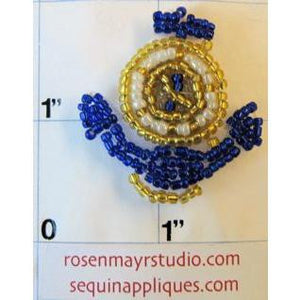 Anchor with Blue, White and Gold Beads 2" x 1.5" - Sequinappliques.com