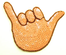 Load image into Gallery viewer, Hand Signal Hang Loose Emoji Peach Sequins and Bronze Beads 4.5&quot; x 5&quot;