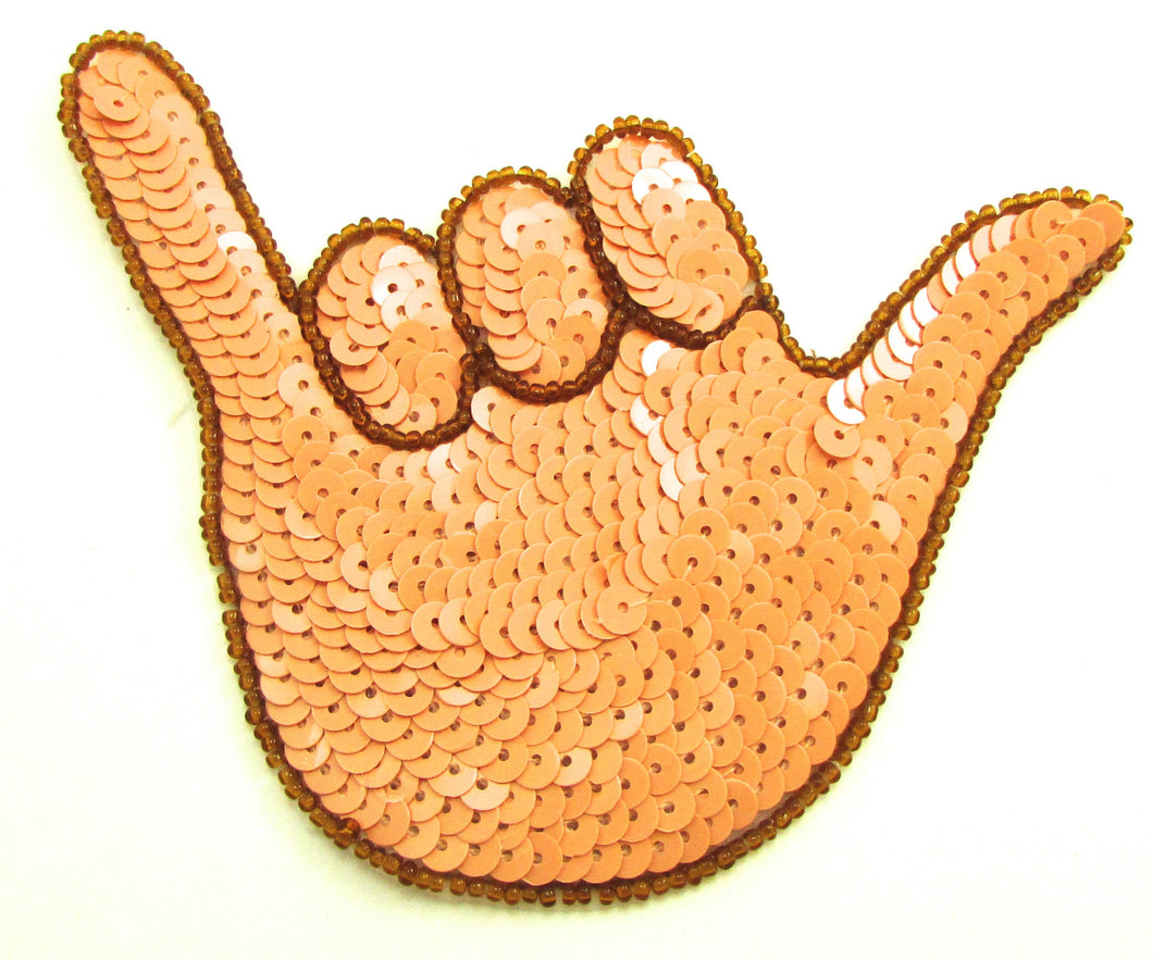 Hand Signal Hang Loose Emoji Peach Sequins and Bronze Beads 4.5