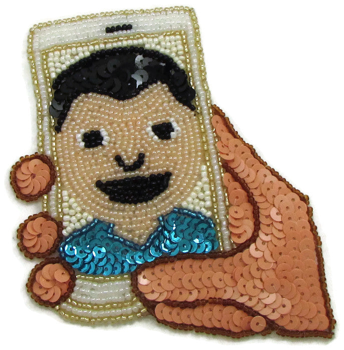 Emoji de selfie de celular con lentejuelas y cuentas de varios colores de 5”x4”