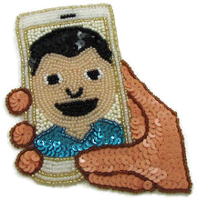Load image into Gallery viewer, Cell Phone Selfie Emoji with Multi-Colored Sequins and beads 4&quot; x 4&quot;