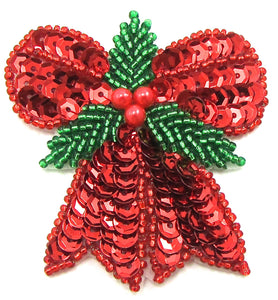 Bow with Holly Red Sequins Green Beads 2.5 x 2.5"