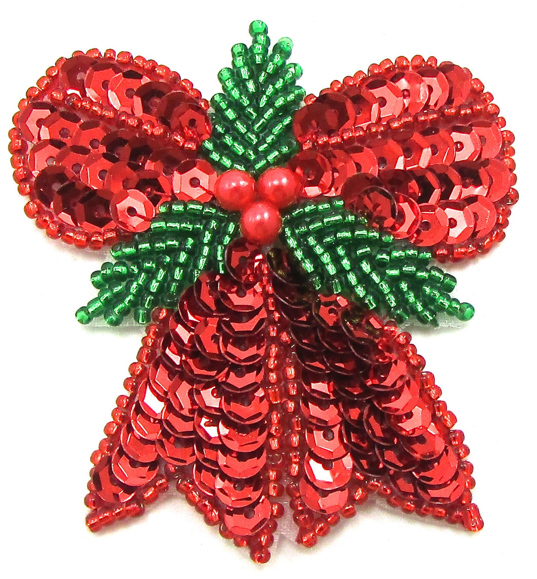 Bow with Holly Red Sequins Green Beads 2.5 x 2.5