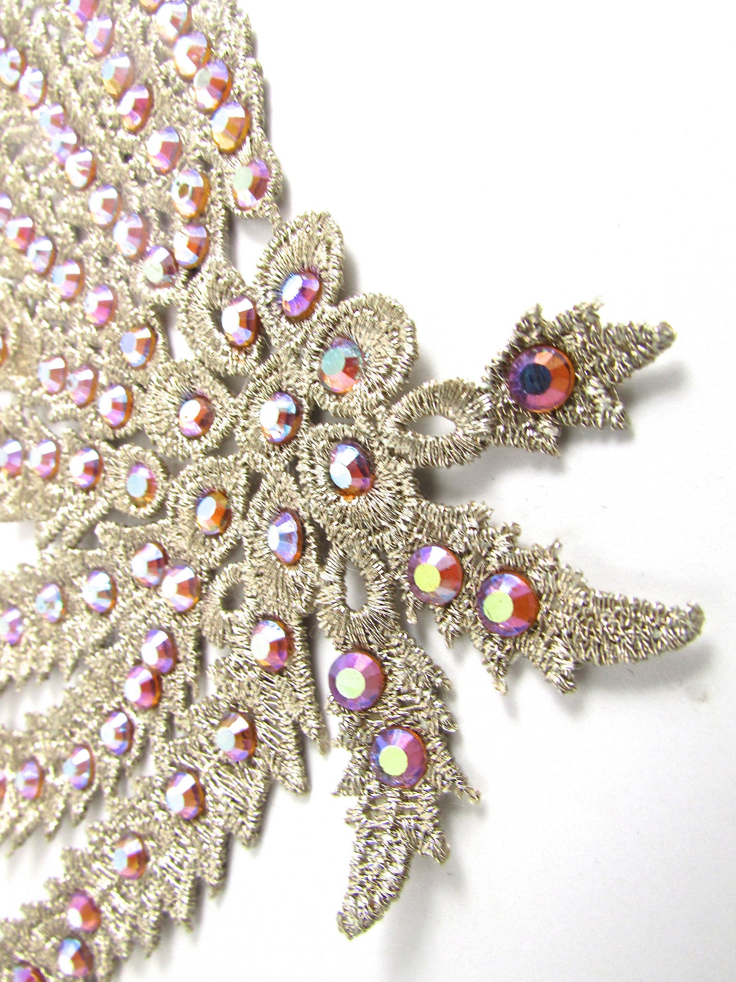 Designer Motif Leaf Applique with Gold Metallic Thread and Many AB Rhinestones 14" x 6"