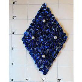 Motivo de diseñador con lentejuelas, cuentas y perlas azules de 5" x 3"
