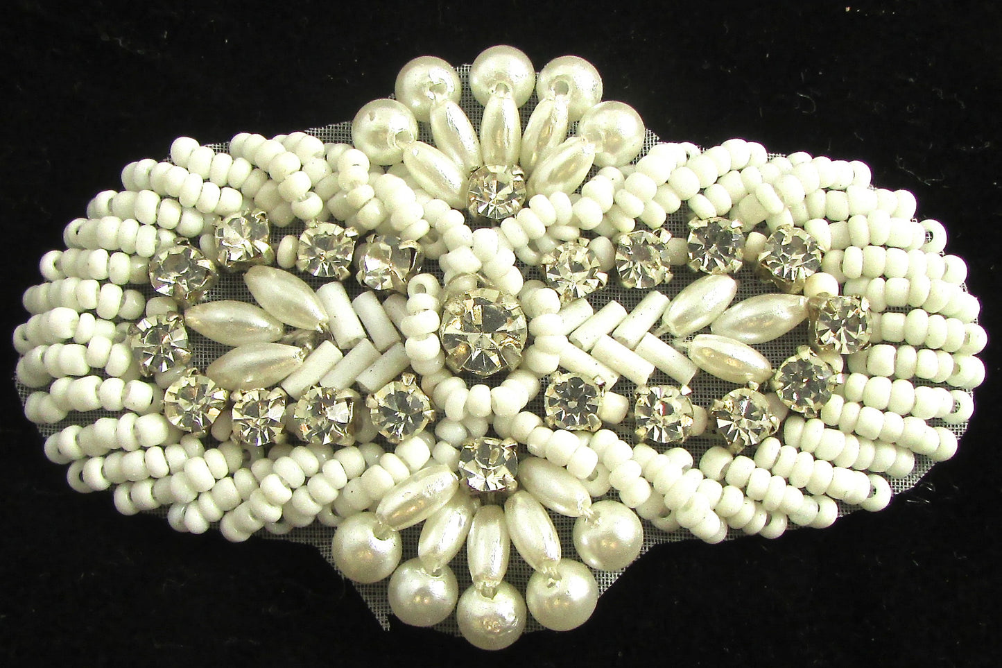 Designer Motif with White Beads and 21 Rhinestones 1.5" x 3"
