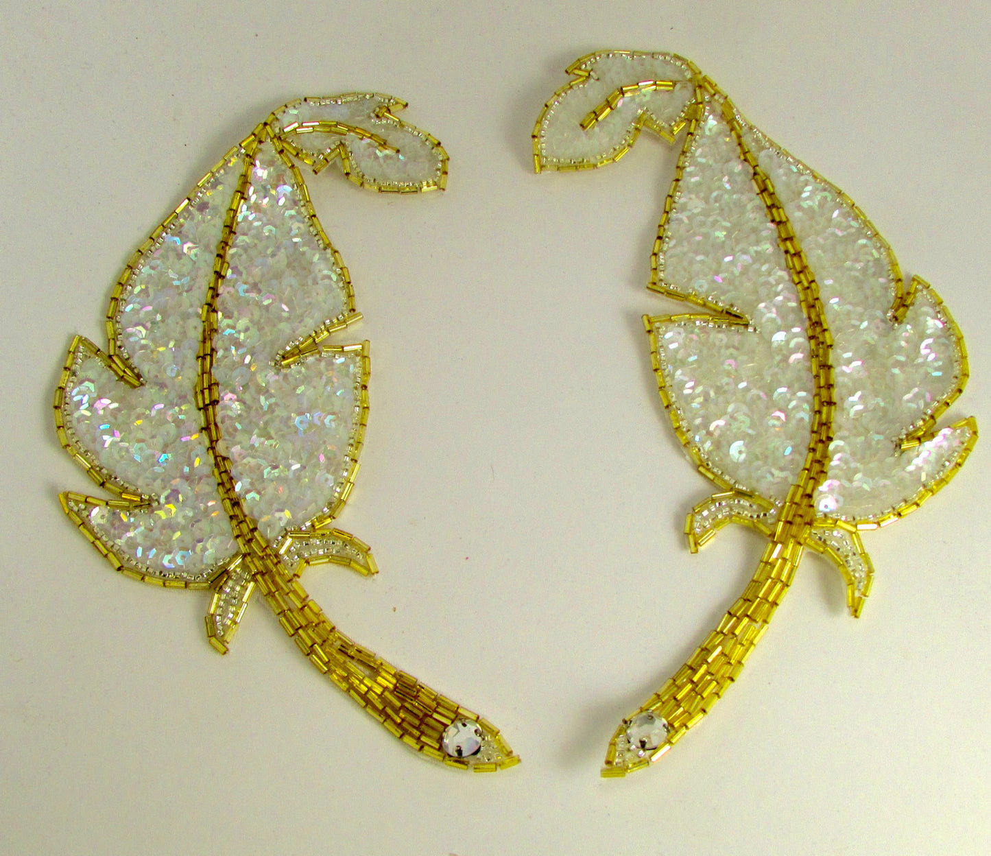 Leaf Appliqué Pair with Iridescent Sequins Gold Beads and Large Rhinestone 8" x 3"