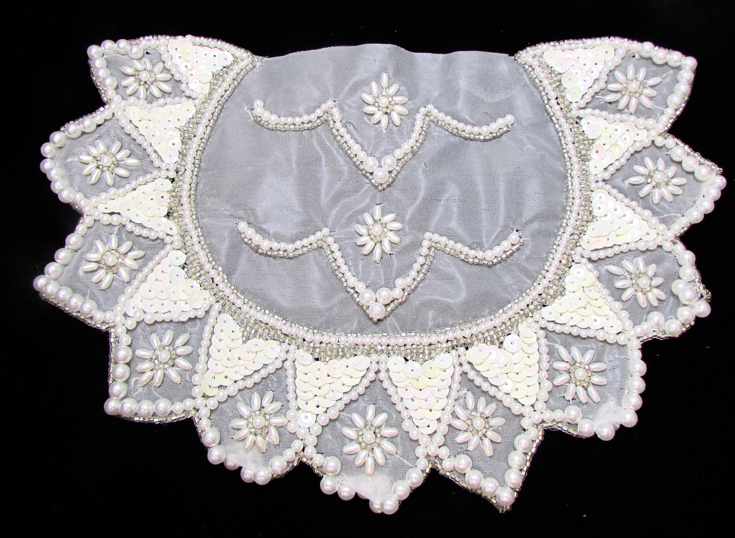 Collar Neckpiece White Beads and Pearls and Cream Sequins 10" x 7.5"